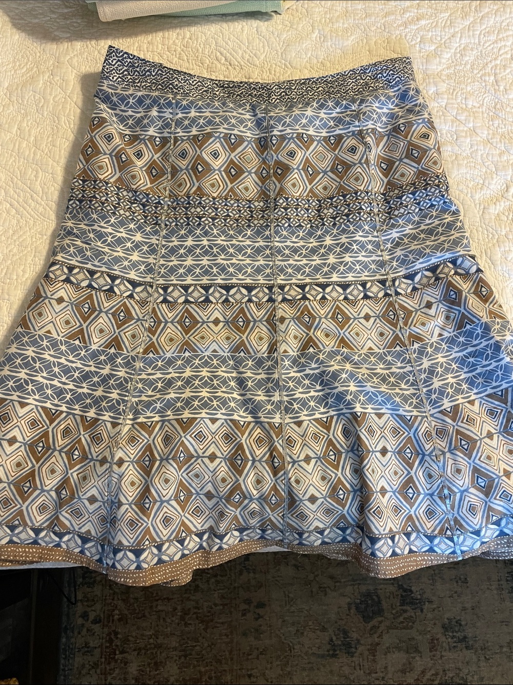 Vintage Sigrid Olsen Blue and Tan Geometric Midi Skirt